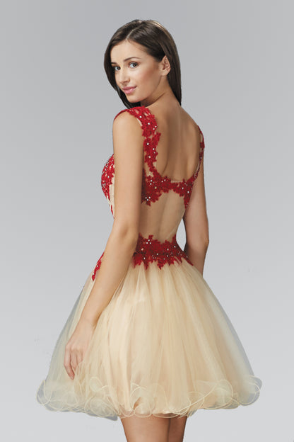 Elizabeth K - GS2133 - Floral Lace Sweetheart Neck Tulle Cocktail Dress - Short XS / Red/Champagne Elizabeth K - GS2133 - Floral Lace Sweetheart Neck Tulle Cocktail Dress - Short XS / Red/Champagne