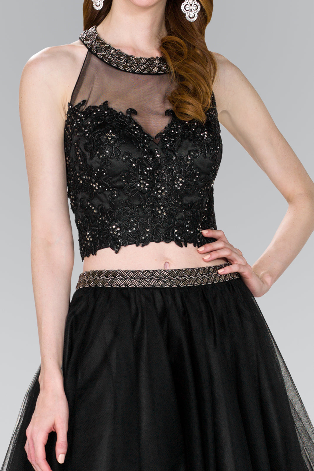 short dress with applique beads Mesh Babydoll Short Dress with 3-D Appliques and Corset Back GLGS3090