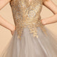 Elizabeth K - GS2403 - Gold Lace V-Neck Tulle Cocktail Dress - Short