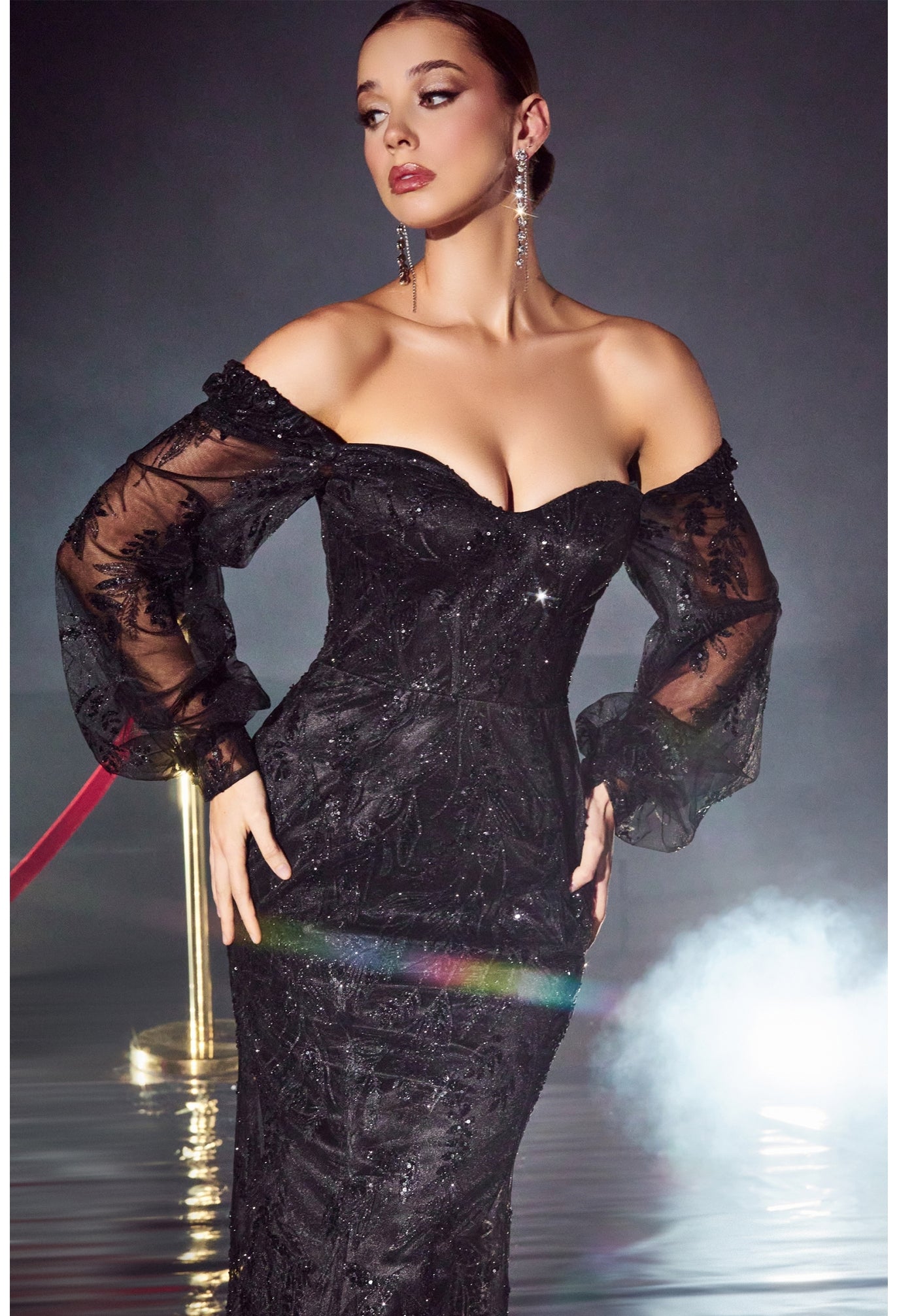 Long Sleeve Glitter Off The Shoulder Gown - Ladivine J816 - Special  Occasion/Curves