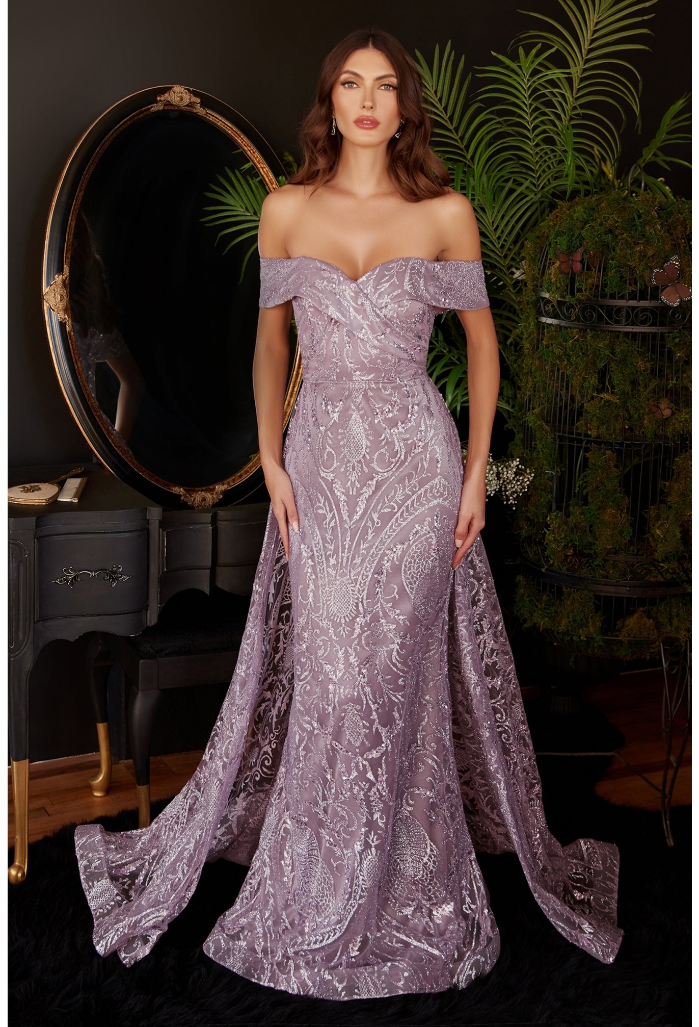 Off The Shoulder Puff Sleeve with Over Skirt Gown By Ladivine J836 Women  Evening Formal Gown Special Occasion/Curves Mauve