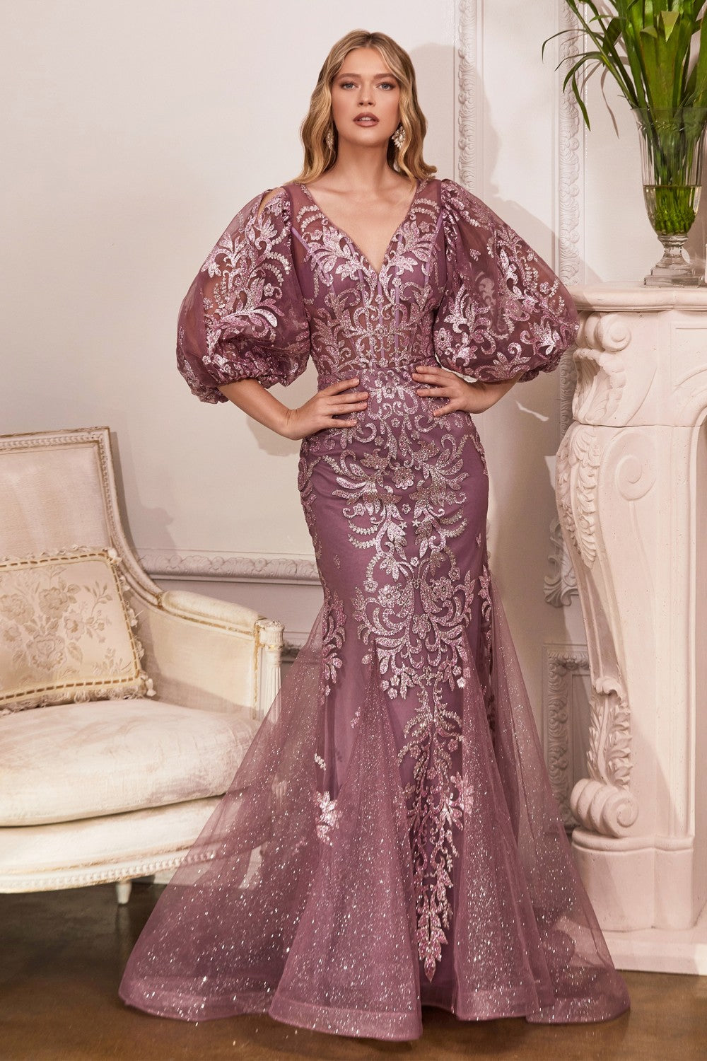 Long Sleeve Glitter Mermaid Print Gown by Cinderella Divine OC009- Special Occasion/Curves