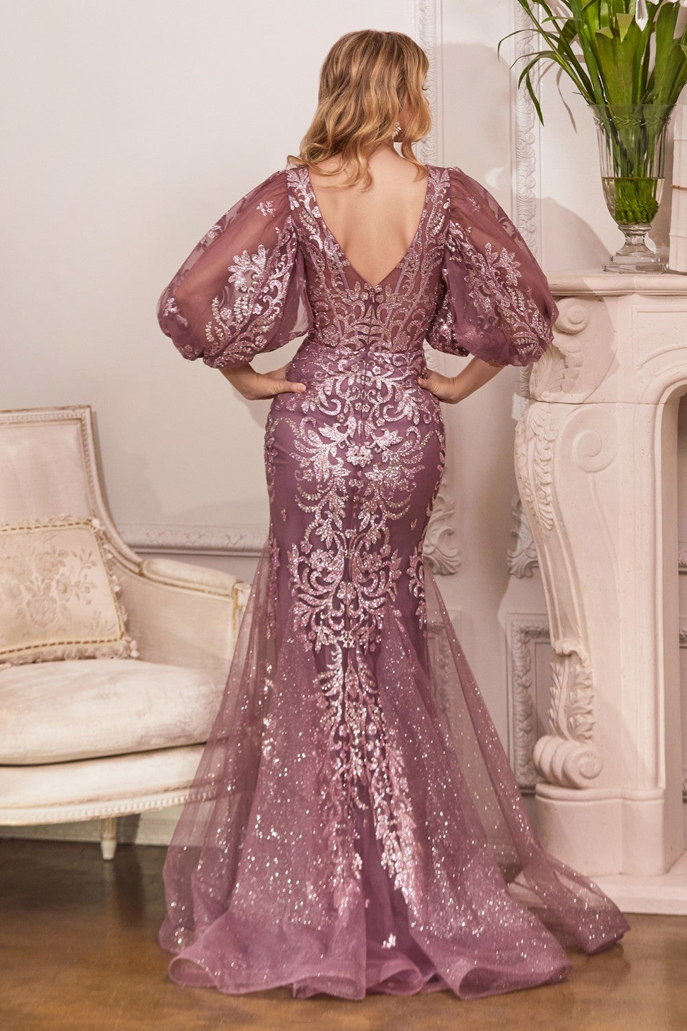 Long Sleeve Glitter Mermaid Print Gown by Cinderella Divine OC009- Special Occasion/Curves