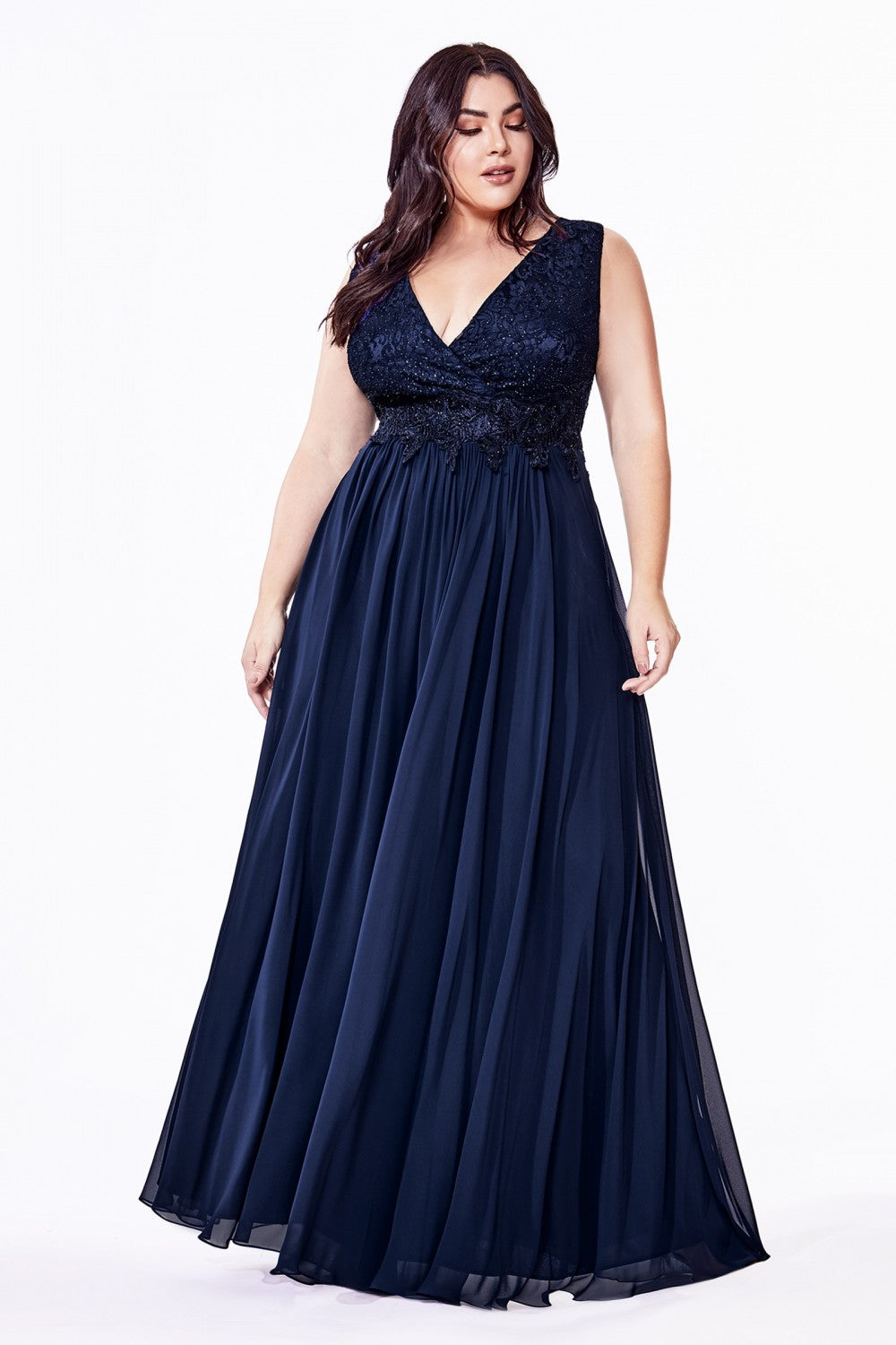 Lace Bodice A-Line Chiffon Dress by Cinderella Divine S7201- Curves