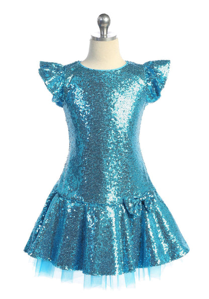 Sequin Ruffle Sleeve Tutu Girls Dress 4 / Aqua Sequin Ruffle Sleeve Tutu Girls Dress 4 / Aqua